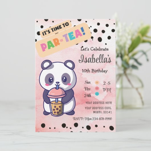 Niedlich Pink Panda Boba Tea Einladung zum Geburts (Stehend Vorderseite)