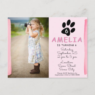 Niedlich Pink Paw Foto Geburtstagsparty Einladung