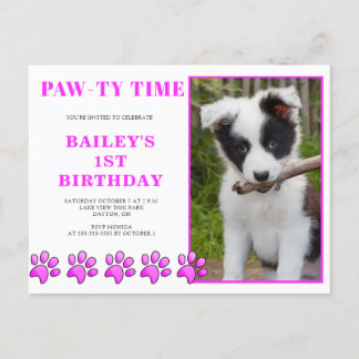 Niedlich Pink Pawty Time Hund Geburtstag Einladung Postkarte