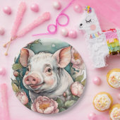Niedlich Pink Peony Piggpet Pig Pappteller (Party)