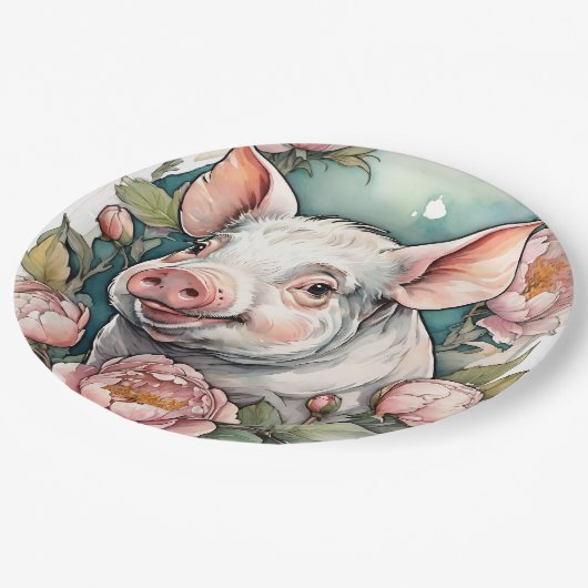 Niedlich Pink Peony Piggpet Pig Pappteller (Schrägansicht)