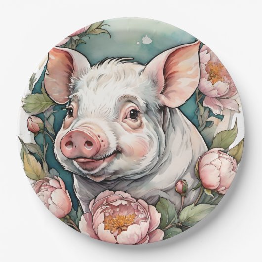 Niedlich Pink Peony Piggpet Pig Pappteller (Vorderseite)