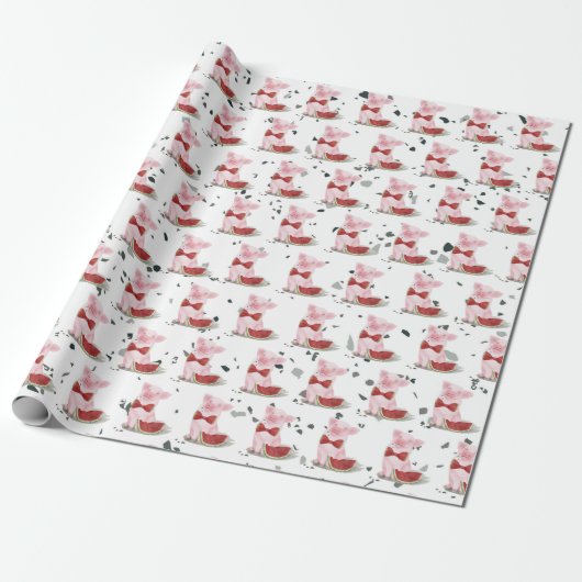 Niedlich Pink Pig Bowtie Watermelon Muster Terrazz Geschenkpapier (Ungerollt)
