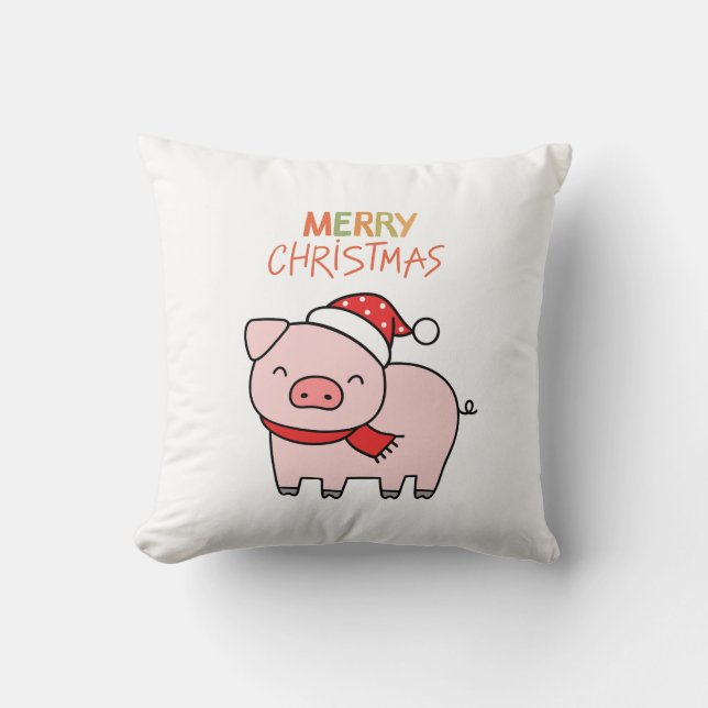 Niedlich Pink Pig Frohe Weihnachten Kissen (Vorderseite)