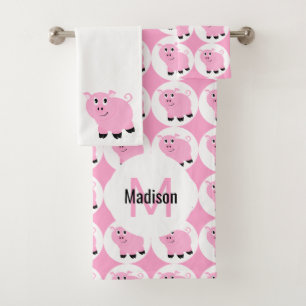 Niedlich Pink Pig Muster Kinder Mit Monogramm Tier Badhandtuch Set
