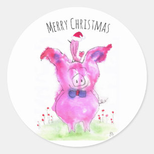 Niedlich Pink Pig und Vögel Weihnachten Runder Aufkleber