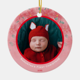 Niedlich Pink Poinsettia Baby's First Christmas Keramik Ornament