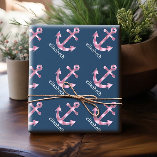 Niedlich Pink Polka Dot Anchor mit Individuelle Na Geschenkpapier