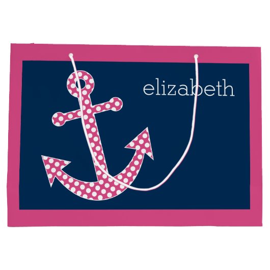 Niedlich Pink Polka Dot Anchor mit Individuelle Na Große Geschenktüte (Rückseite)