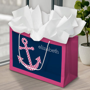 Niedlich Pink Polka Dot Anchor mit Individuelle Na Große Geschenktüte