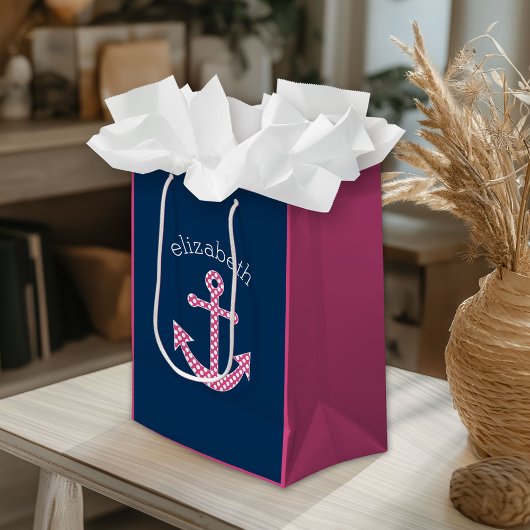Niedlich Pink Polka Dot Anchor mit Individuelle Na Mittlere Geschenktüte