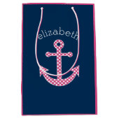Niedlich Pink Polka Dot Anchor mit Individuelle Na Mittlere Geschenktüte (Vorderseite)