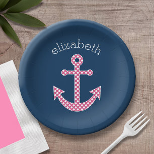 Niedlich Pink Polka Dot Anchor mit Individuelle Na Pappteller