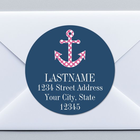 Niedlich Pink Polka Dot Anchor mit Individuelle Na Runder Aufkleber