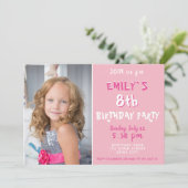 Niedlich Pink Polka Dot Girl Foto Geburtstag Einladung (Stehend Vorderseite)
