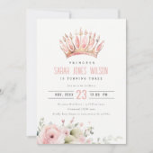 Niedlich Pink Princess Crown Tiara Floral Geburtst Einladung (Vorderseite)