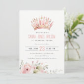 Niedlich Pink Princess Crown Tiara Floral Geburtst Einladung (Stehend Vorderseite)