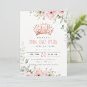 Niedlich Pink Princess Crown Tiara Floral Geburtst Einladung (Stehend Vorderseite)