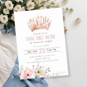 Niedlich Pink Princess Crown Tiara Floral Geburtst Einladung