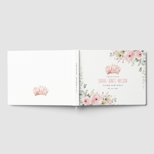 Niedlich Pink Princess Crown Tiara Floral Geburtst Gästebuch (Voll)
