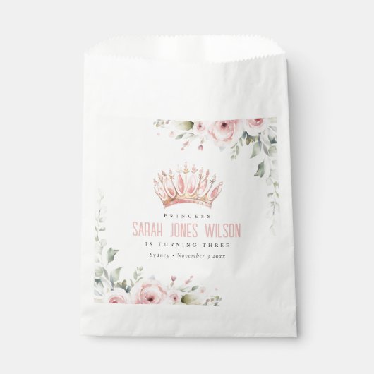 Niedlich Pink Princess Crown Tiara Floral Geburtst Geschenktütchen (Vorderseite)