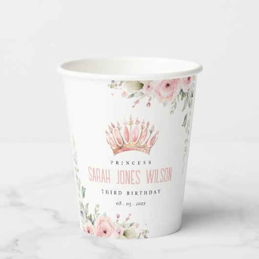 Niedlich Pink Princess Crown Tiara Floral Geburtst Pappbecher (Rückseite)