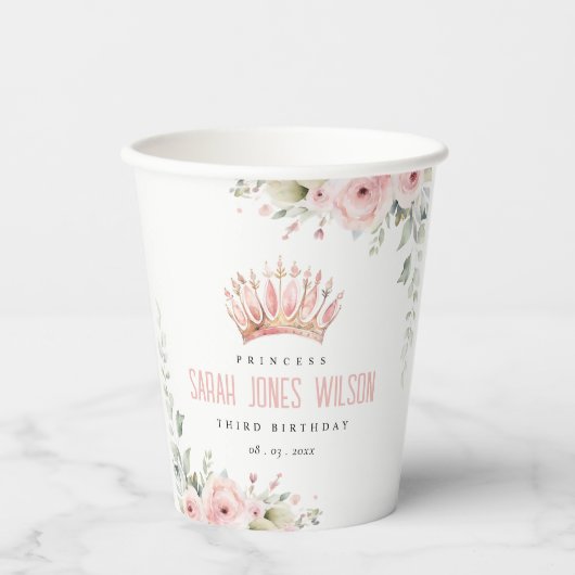Niedlich Pink Princess Crown Tiara Floral Geburtst Pappbecher (Vorderseite)