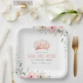 Niedlich Pink Princess Crown Tiara Floral Geburtst Pappteller