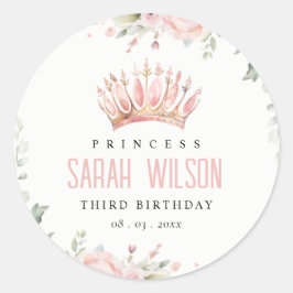 Niedlich Pink Princess Crown Tiara Floral Geburtst Runder Aufkleber