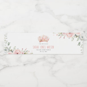 Niedlich Pink Princess Crown Tiara Floral Geburtst Wasserflaschenetikett