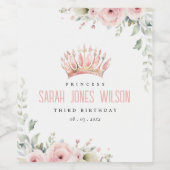 Niedlich Pink Princess Crown Tiara Floral Geburtst Weinetikett (Einzelnes Label)