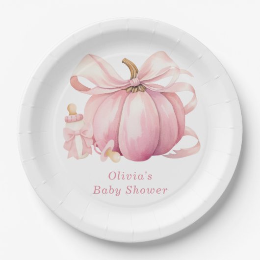 Niedlich Pink Pumpkin Bow Baby Dusche Pappteller (Vorderseite)