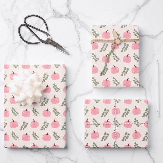 Niedlich Pink Pumpkin Eucalyptus Fall Pattern Geschenkpapier Set (Vorderseite)