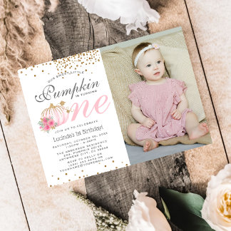 Niedlich Pink Pumpkin Floral 1. Geburtstag Foto In Einladung