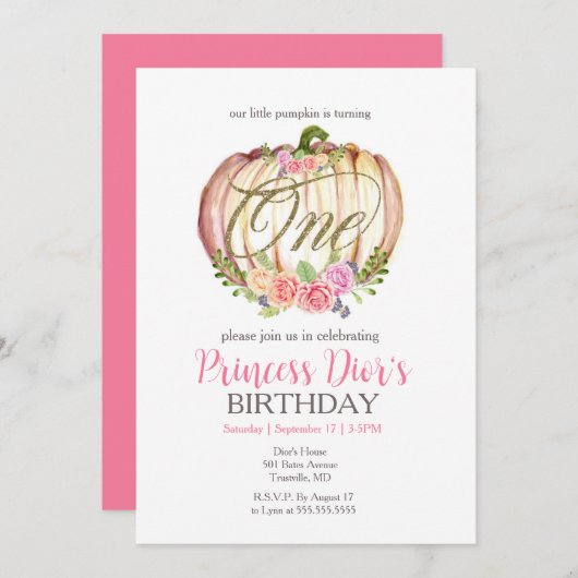 Niedlich Pink Pumpkin Wasserfarbe Erstgeburtstag Einladung (Vorne/Hinten)