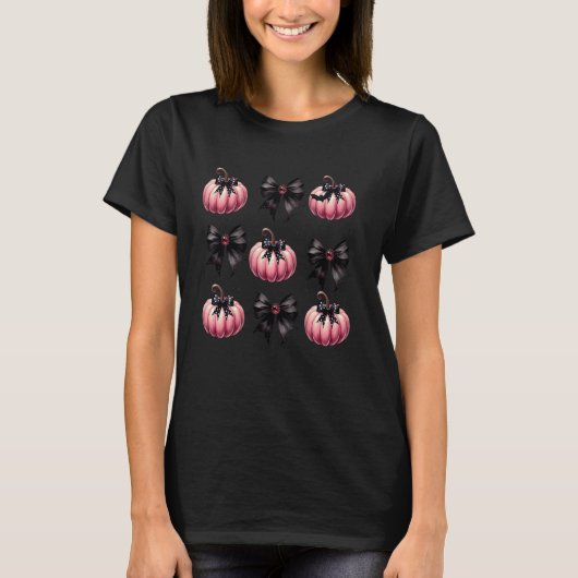 Niedlich Pink Pumpkins Black Coquette Bows Hallowe T-Shirt (Vorderseite)