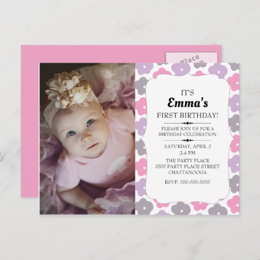 Niedlich Pink Purple Blumen Kleines Mädchen 1. Geb Postkarte (Vorne/Hinten)