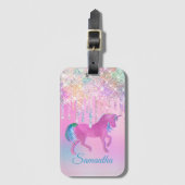 Niedlich Pink Rainbow Einhorn Glitzer Tropfen Mono Gepäckanhänger (Vorderseite Vertikal)