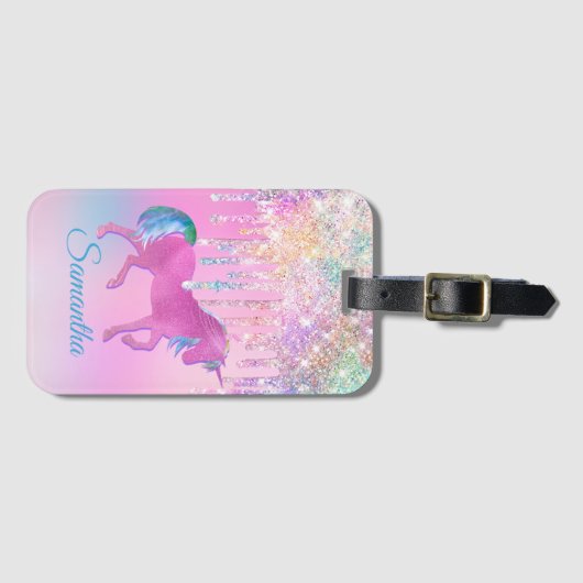 Niedlich Pink Rainbow Einhorn Glitzer Tropfen Mono Gepäckanhänger (Vorderseite (Horizontal))
