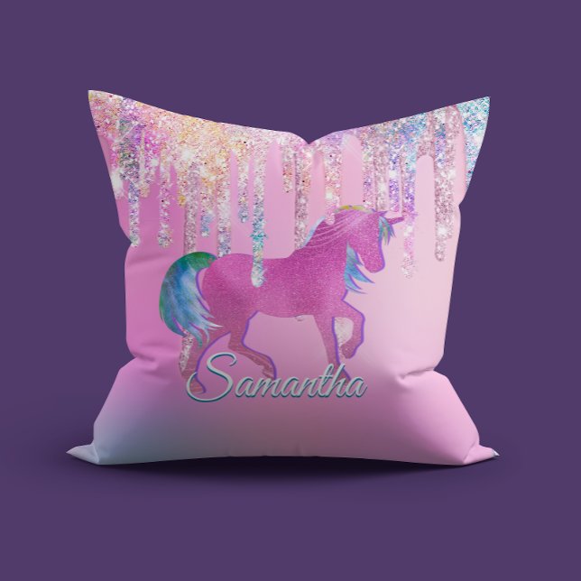 Niedlich Pink Rainbow Einhorn Glitzer Tropfen Mono Kissen (Von Creator hochgeladen)