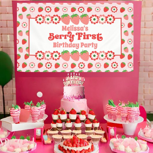 Niedlich Pink Red Berry Erster Geburtstag Banner