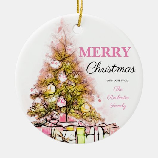 Niedlich Pink Retro Frohe Weihnachtsbaum Foto Keramik Ornament (Vorne)