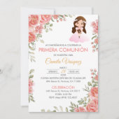 Niedlich Pink Roses Erste Kommune Spanisch Einladung (Vorderseite)