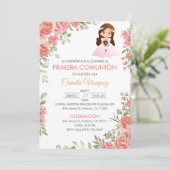 Niedlich Pink Roses Erste Kommune Spanisch Einladung (Stehend Vorderseite)