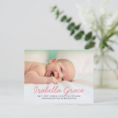 Niedlich Pink Script Foto Baby Ankündigung (Stehend Vorderseite)