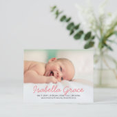 Niedlich Pink Script Foto Baby Ankündigung (Stehend Vorderseite)