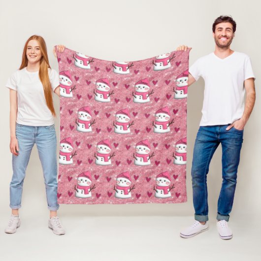 Niedlich Pink Snowman Herz Personalisiert Name Fleecedecke (Beispiel)