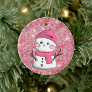 Niedlich Pink Snowman Personalisierter Name Keramik Ornament