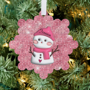 Niedlich Pink Snowman Personalisierter Name Ornament Karte