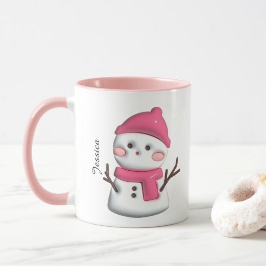 Niedlich Pink Snowman Personalisierter Name Tasse (Mit Donut)
